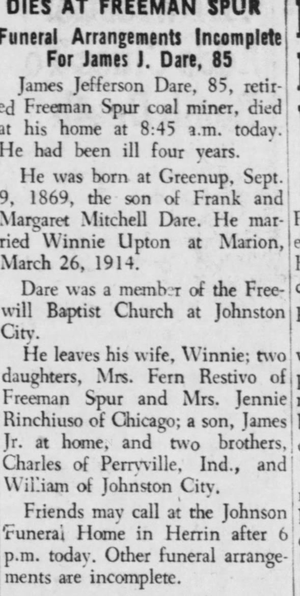Obituary for James Jefferson Dare (Aged 85)